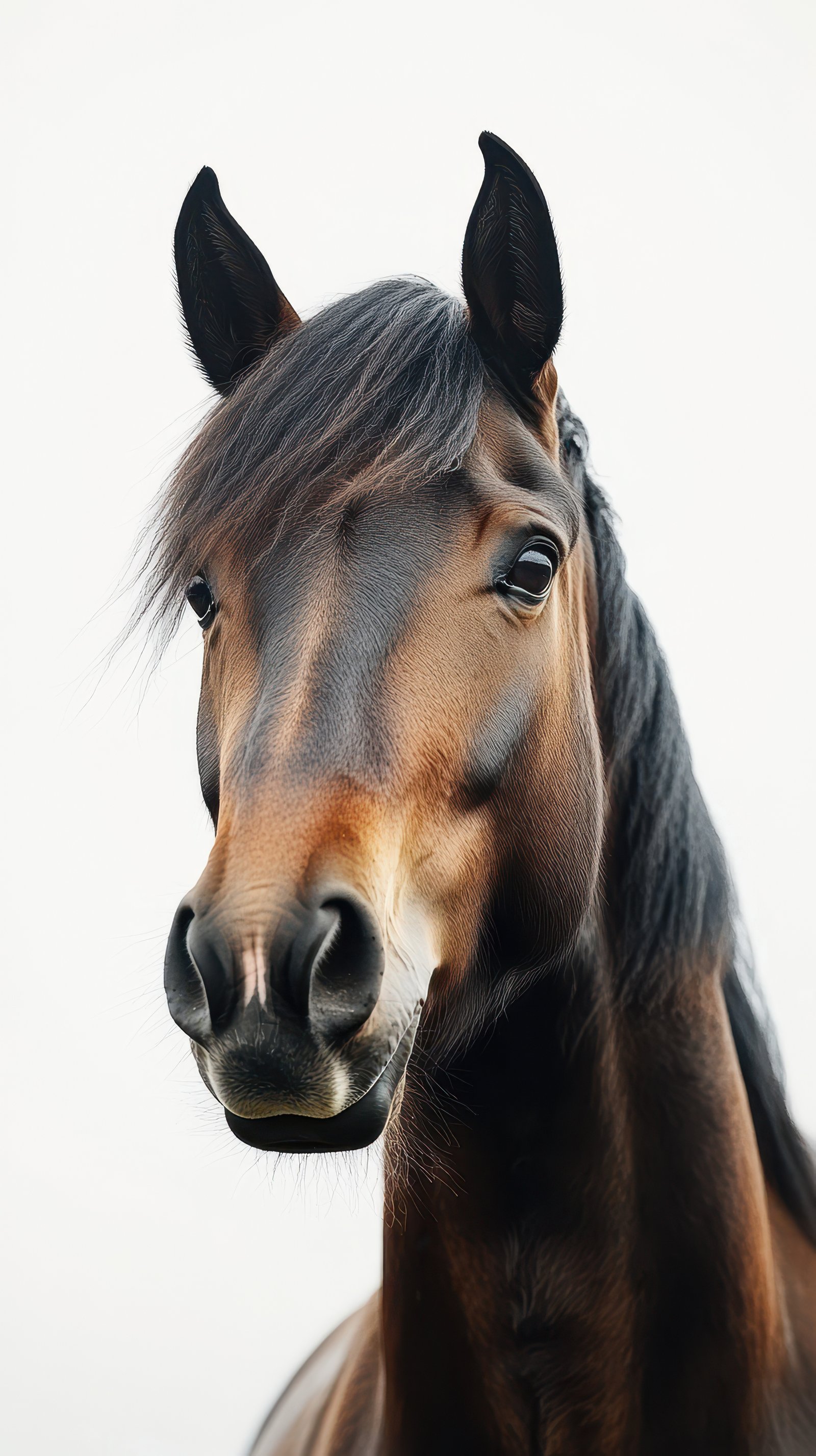 Beautiful brown horse with a flowing mane in a bright atmosphere showcasing tranquility and grace during a calm moment